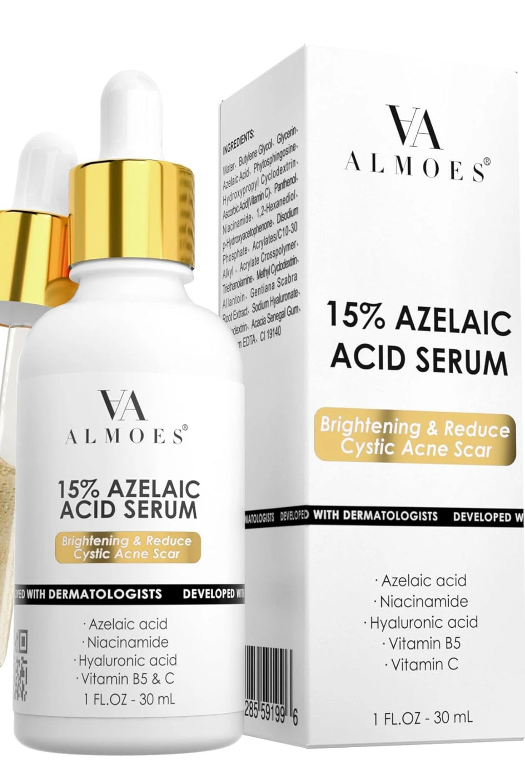 ALMOES AZELAIC ACID 15% SKIN SERUM,BRIGHTENING,NICINAMDE,VIT B3,B5