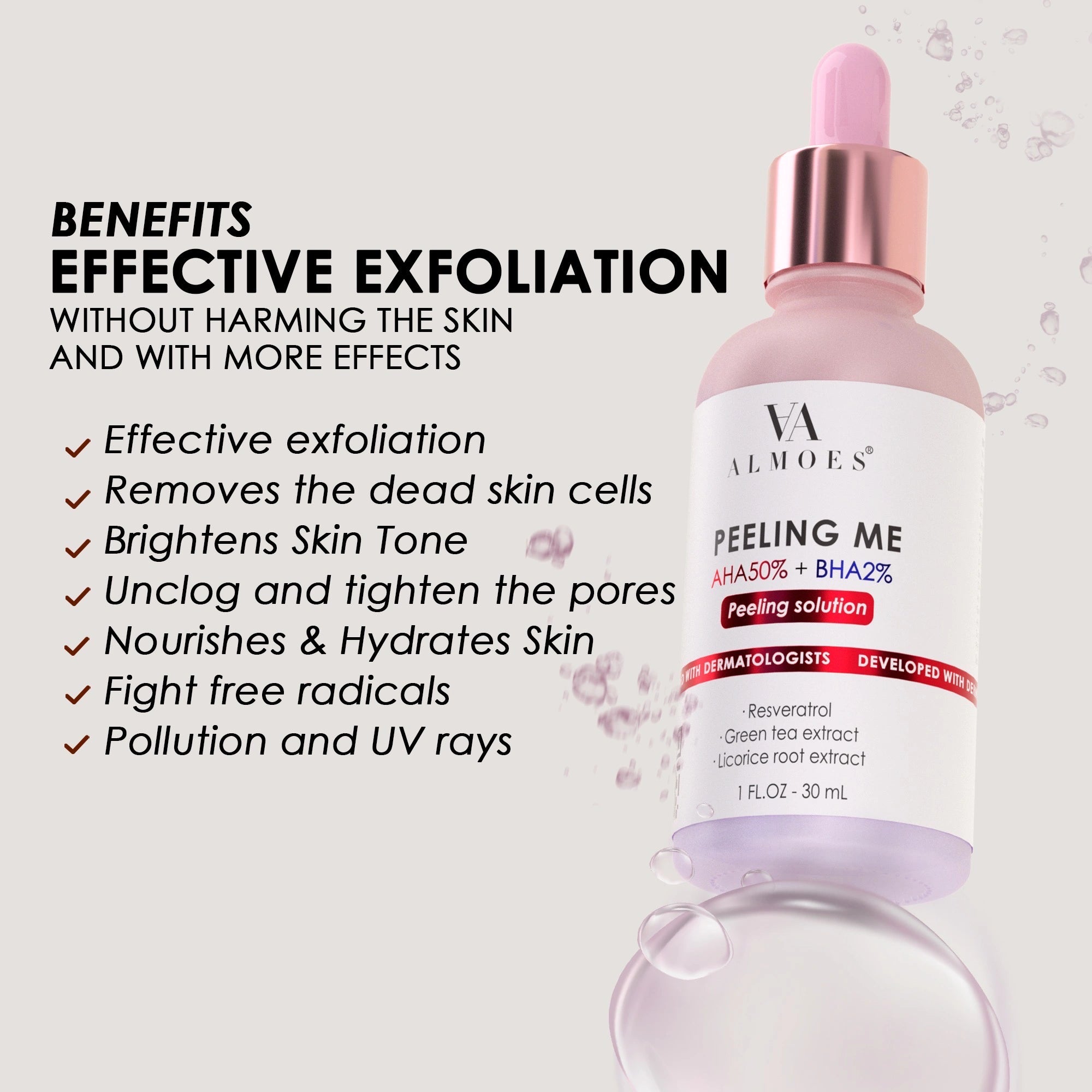 ALMOES PEELING ME, Licorice Root,50% AHA 2% BHB, Resveratrol