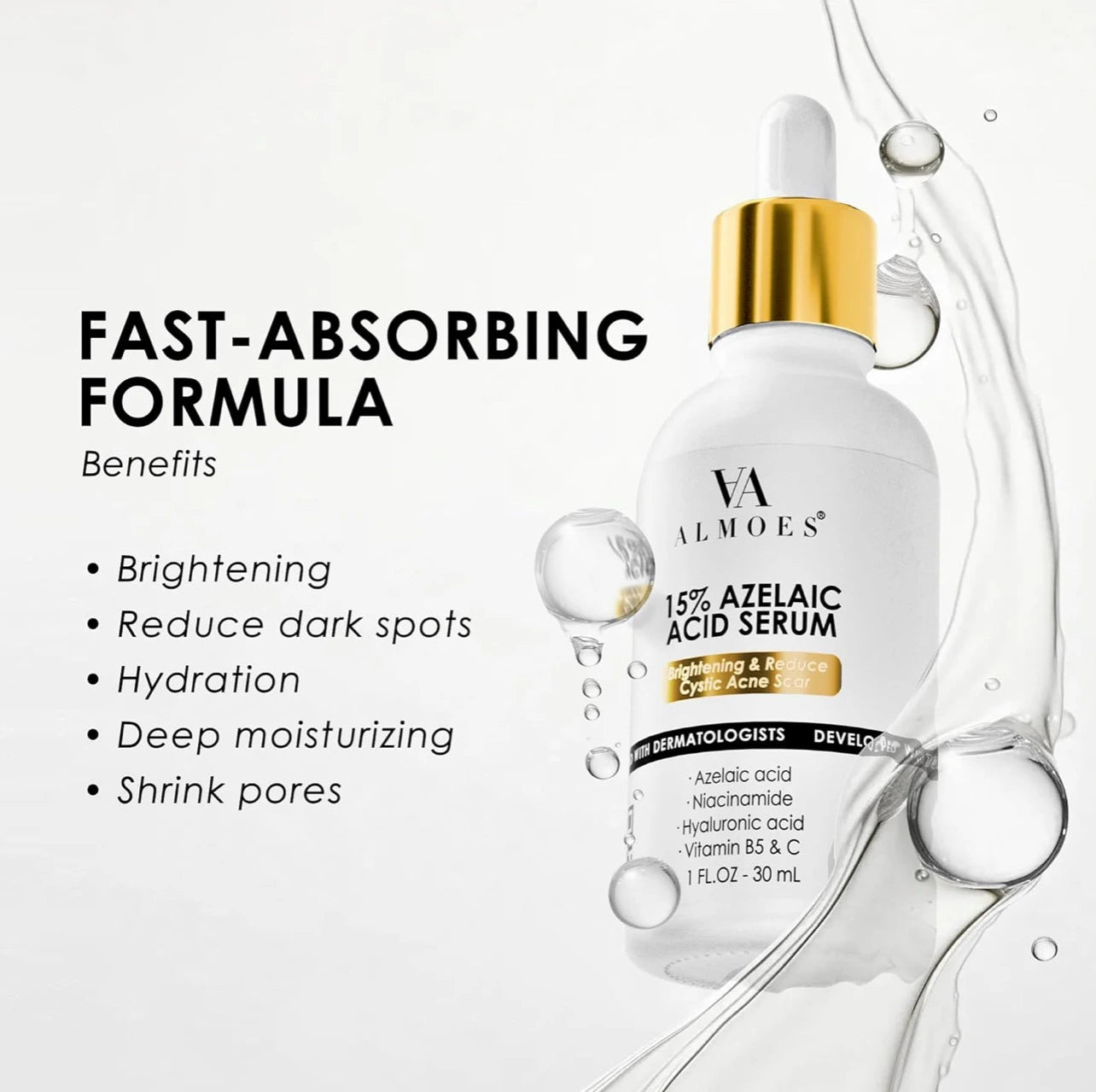 ALMOES AZELAIC ACID 15% SKIN SERUM,BRIGHTENING,NICINAMDE,VIT B3,B5