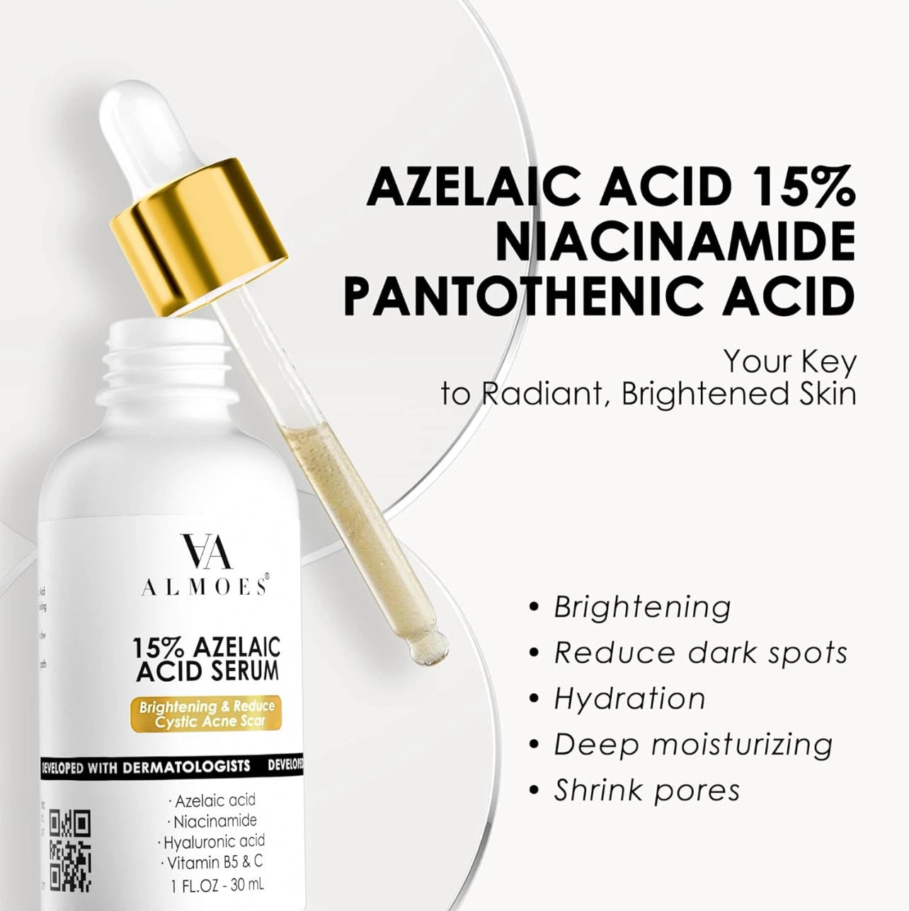 ALMOES AZELAIC ACID 15% SKIN SERUM,BRIGHTENING,NICINAMDE,VIT B3,B5