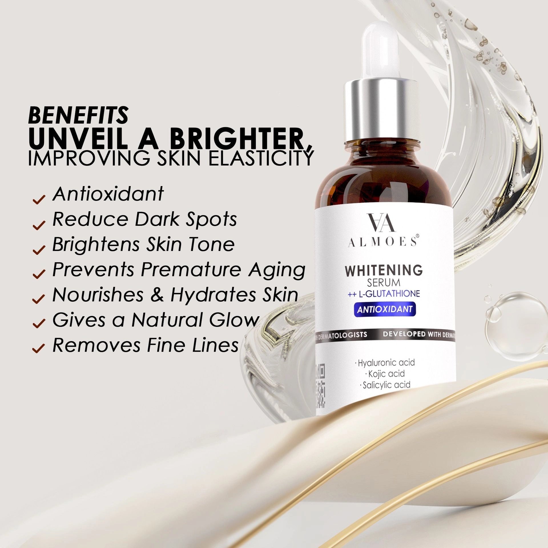 ALMOES ,L-Glutathione Serum for skin Whitening, Balance skin tone